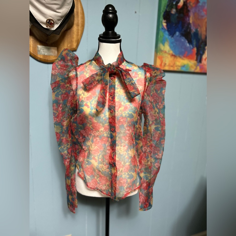 Sheer pointy puff sleeve floral blouse - Picture 3 of 9